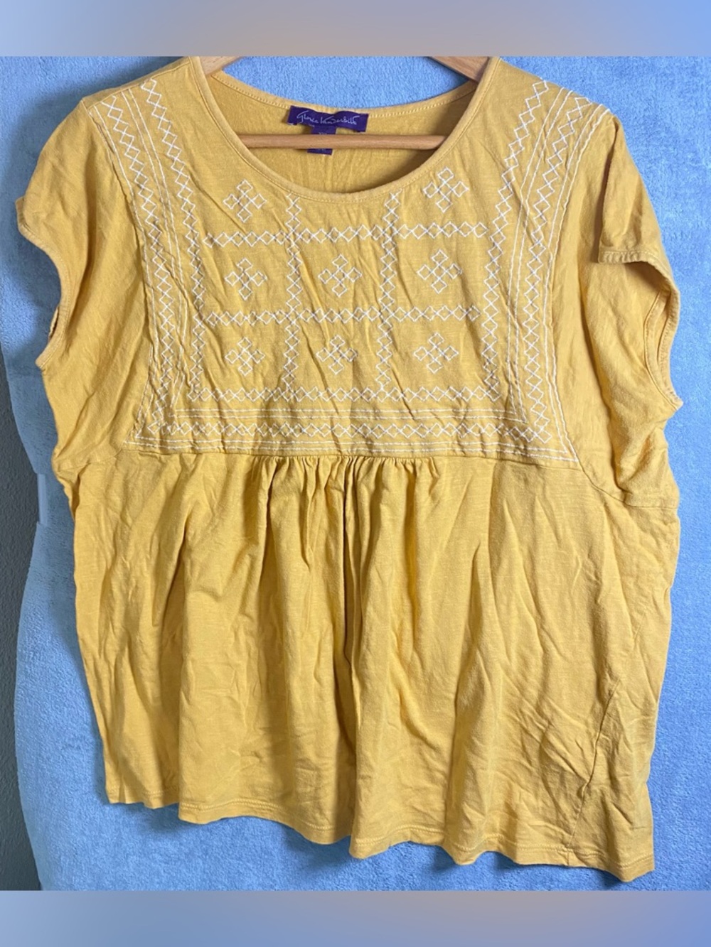 Yellow Embroidered Women's size XXL Boho Style babydoll top short sleeve peasant